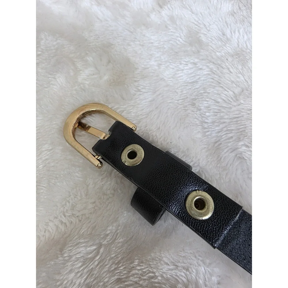 Womens Black Faux Leather Skinny Belt‎ Gold Buckle Adjustable Size 10